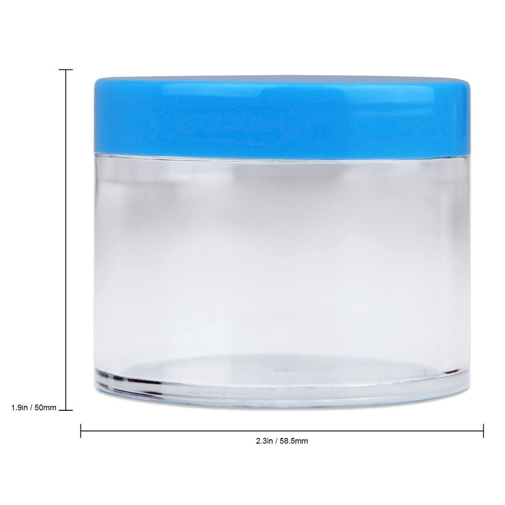 Beauticom 60 Grams/60 ML (2 Oz) Round Clear Leak Proof Plastic Container Jars with Blue Lids for Travel Storage Makeup Cosmetic Lotion Scrubs Creams Oils Salves Ointments (36 Jars)